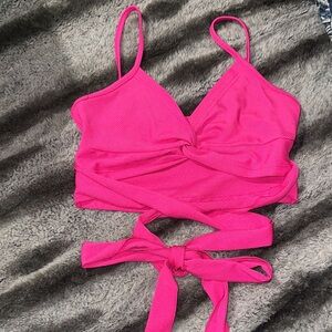Hot Pink Ribbed Wrap Crop Top